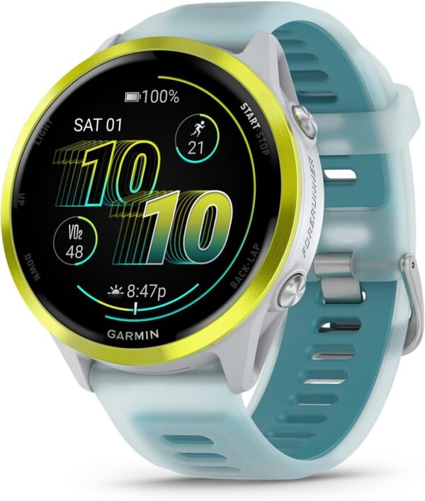 Garmin® Forerunner® 570, 47mm, Advanced GPS Running and Triathlon Smartwatch, AMOLED Display, Training and Recovery Features, Amp Yellow Aluminum with Translucent Whitestone/Turquoise Band