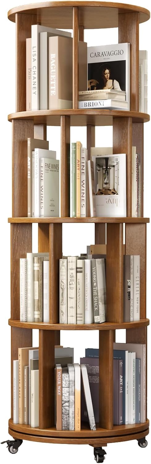 4 Tier Rotating Bookshelf Tower Spinning Bookshelf with Swivel Wheels Book Shelf Rotating Storage Tower for Kids Adult Narrow Walnut Solid Wood Revolving Bookcase Organizer for Bedroom Living Room