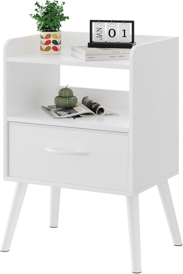 Narrow Nightstand with Open Shelf,Small Night Stand Bedroom Bedside Tables with Fabric Drawer Storage,Side Table End Table with Solid Wood Feet,Mid Century Night Stands for Home Sofa Couch(White)