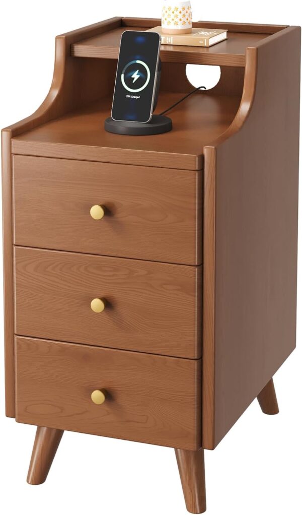 Narrow Nightstand 11.8" for Small Spaces, Solid Wood Night Stand with Drawers Side Table Mid Century Modern End Table for Bedroom
