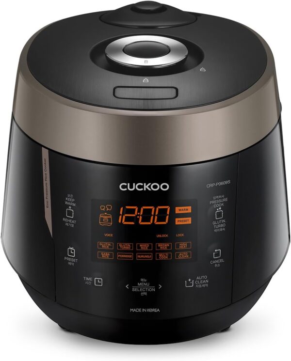 Cuckoo High 6 Cup Electric Heating Pressure Rice Cooker & Warmer – 12 Built-in Programs Including Glutinous (White), Mixed, Brown, GABA, Black Copper