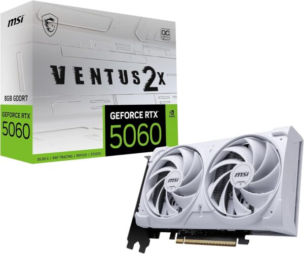MSI Gaming RTX 5060 8G Ventus 2X OC White Graphics Card (8GB GDDR7,128-bit, Extreme Performance: 2535 MHz, DisplayPort x3 2.1a, HDMI 2.1b, NVIDIA Blackwell Architecture)