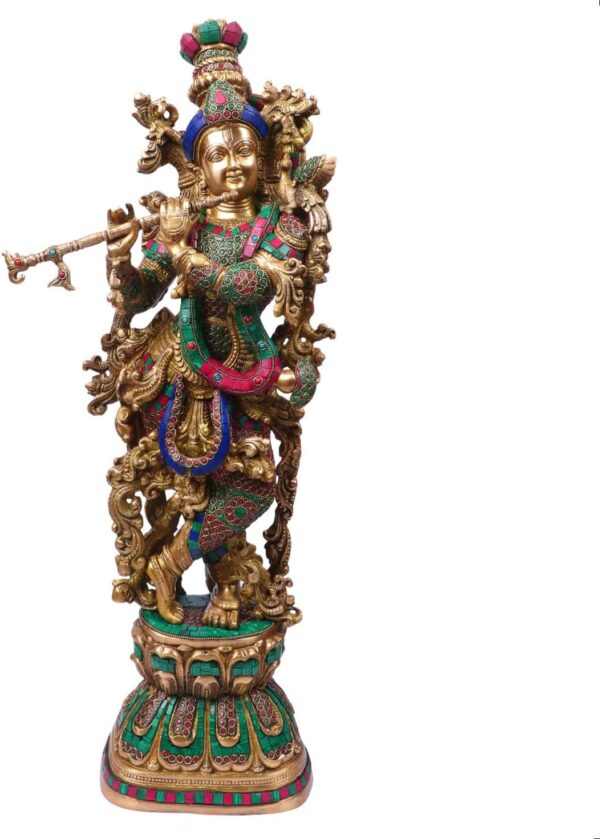 Lord Murli Manohar Krishna Krishan Brass Statue with Multicolor Gemstone Handwork Murti Gift & Home Décor Big Size- Height 29 Inches