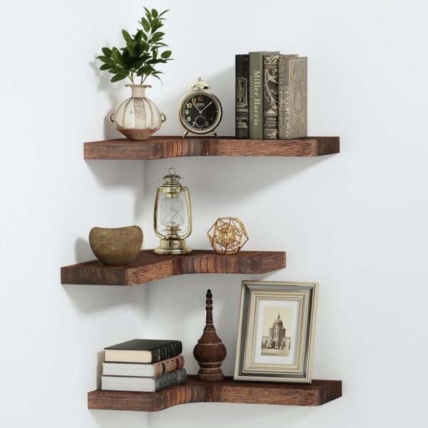 SAUMONIERES Corner Floating Shelves Wall Mount Shelf Solid Wood for Bedroom Bathroom Room Kitchen Storage Set of 3, Rustic Brown, Invisible Brackets