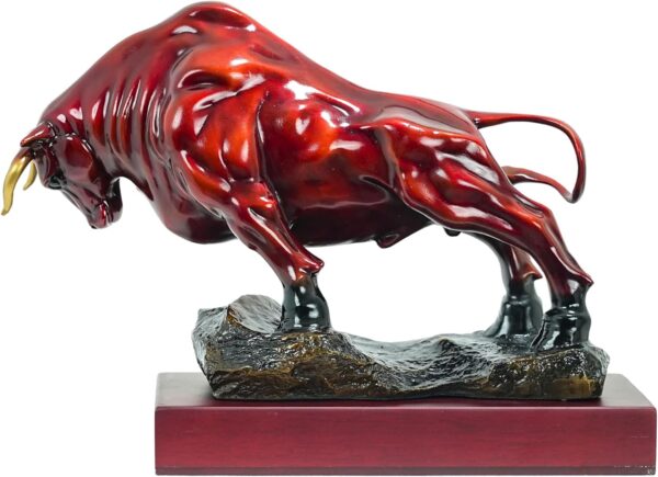 12.6" Red Bronze Bull Sculpture with Wooden Base - Handcrafted Charging Bull/Cow/Ox Figure and Statue with Marbled Finish - Perfect for Office, Home Decor, or Gift