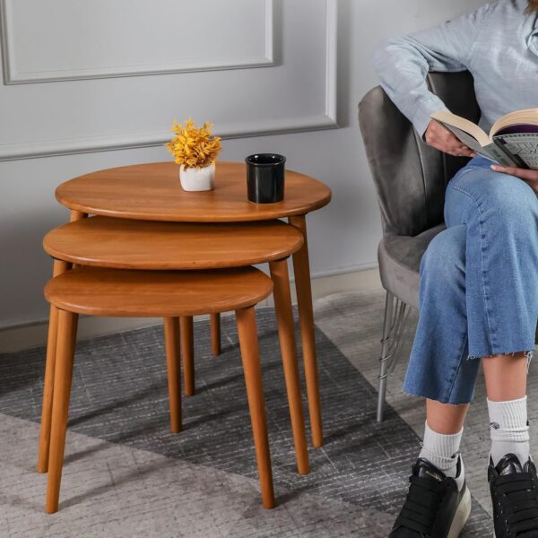 Solid Wood Nesting Tables Set of 3, Oval Mid-Century Modern Coffee Tables for Living Room, Premium Beech Wood, Natural Finish, Pebble Design with Tapered Legs, Versatile Use for Home, Walnut