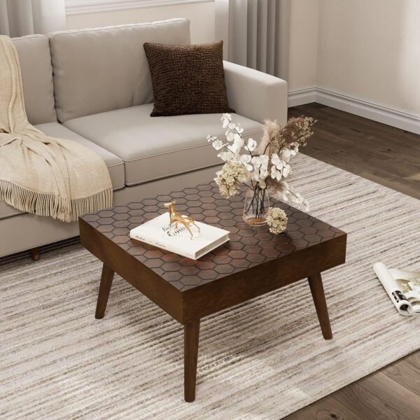 COSIEST 24 Inch Square Coffee Table, Mid-Century Wood Square Table, Farmhouse MDF Living Room Table with Honeycomb Pattern, Modern Coffee Table for Dining Reception Room Bedroom, Brown