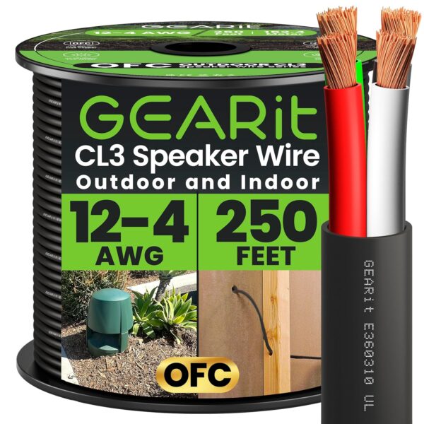 GearIT 12/4 Speaker Wire (250 Feet) 12AWG Gauge, Black 4-Conductors/Outdoor Direct Burial in Ground/in Wall / CL3 CL2 Rated - OFC Oxygen-Free Copper, Black 250ft